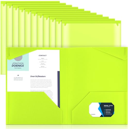 Henoyso 18 Pack Fluorescent Green Plastic Folders with Clear Front Pockets Heavy Duty File Folders with 2 Pockets and Card Slot for Student Communication School Office Presentation Report - color: Fluorescent Green