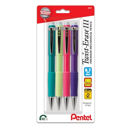 Pentel Twist-Erase III Mechanical Pencil, (0.7mm), Medium Line, Assorted Fashion Color Barrels, Pack of 4 (QE517FBP4M) - size: 4 Count (Pack of 1)