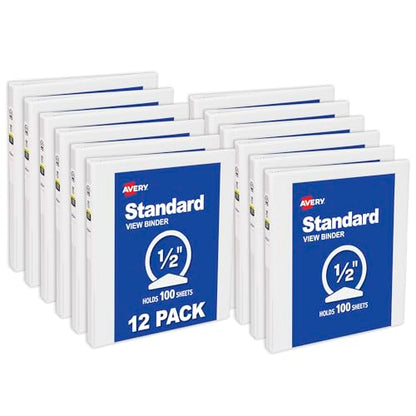 Avery Standard View 3 Ring Binders, 0.5" Round Rings, 100-Sheet Capacity, 0.7 Inch Wide Spine, White Binders, Ideal for Lightweight Organization and Occasional Referencing (12-Pack of 05706) - size: 0.5"