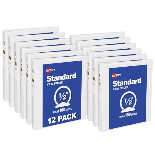 Avery Standard View 3 Ring Binders, 0.5" Round Rings, 100-Sheet Capacity, 0.7 Inch Wide Spine, White Binders, Ideal for Lightweight Organization and Occasional Referencing (12-Pack of 05706) - size: 0.5"