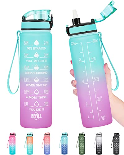Enerbone Water Bottle, Leakproof BPA & Toxic Free, Motivational Water Bottle with Times to Drink and Straw, Fitness Sports Water Bottle with Strap for Office, Gym, Outdoor Sports - color: Green-Purple, size: 32 Ounces