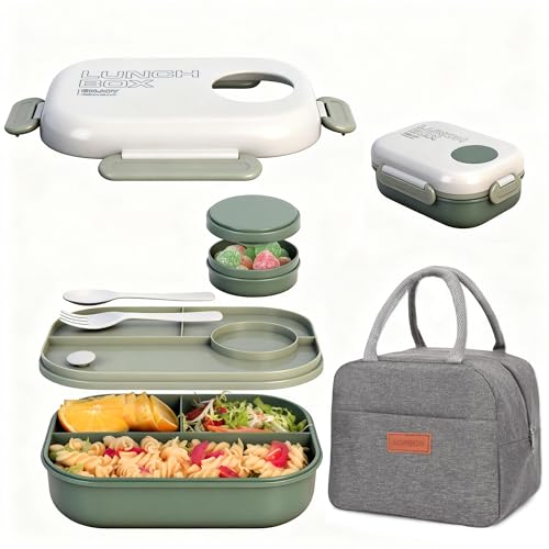 3-Compartment Leak-Proof Bento Box for Kids & Adults, Green | Insulated bag, utensils & sauce container included; BPA-free; Microwave & dishwasher safe; Ideal for school, office & travel. - color: Green