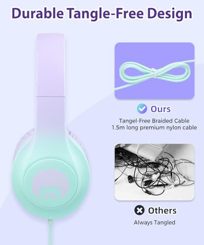 rockpapa Kids Headphones, Wired Headphones for Kids with Microphone, 85/94dB Volume Limiter Headphone for Girls Boys, Foldable Head Phones for School Tablet Laptop Purple Teal - color: Purple Teal