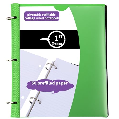 Pivotable Refillable Notebook, 1 Inch 3 Ring Notebook Binder, 50 College Ruled Paper, 5 Subject Notebook with Dividers and Folder Pockets, Tabs- Green - color: Green, size: 1 PCS