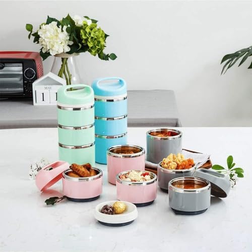 Lille Home Stackable Stainless Steel Thermal Compartment Lunch/Snack Box, 3-Tier Insulated Bento/Food Container with Lunch Bag, Utensils Set and Three Extra Seals, 43OZ (Gray with Utensils) - color: Gray with Utensils
