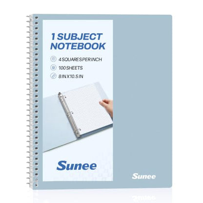 SUNEE Spiral Notebook, 1-Subject, Graph Ruled Paper, 8" x 10-1/2", 100 Sheets per Notebook, 3-Hole Punched Paper, Water Resistant Cover, Spiral Grid Notebooks for Work, Home, School, Grey Blue - color: Grey Blue