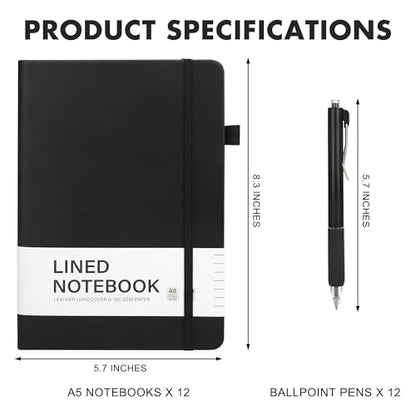 Aodaer 12 Set Lined Notebook Journals with Pens A5 Notebooks 100 GSM College Ruled Hardcover Notebook PU Leather Notepad with Pen Holder for Office School, 5.7 x 8.3 Inches, Black - color: Black