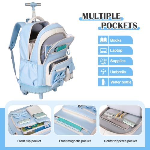 DIGOBAY Rolling Backpack for Girls, Cute Roller School Bag with Wheels, Kids Wheeled Backpacks Set with Lunch Bag Pencil Case for Teen Girls Kindergarten Elementary Middle School - color: Blue