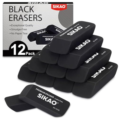Black Erasers, 12 Pack Block Pencil Erasers | Latex-Free & Smudge-Free Beveled Rubber Erasers for School Supplies, Classroom, Office & Homework - style: Black