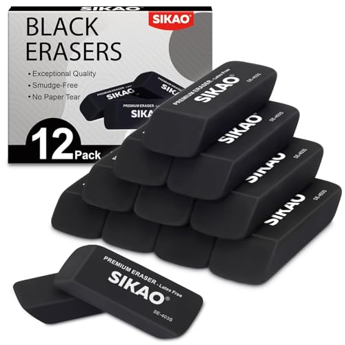 Black Erasers, 12 Pack Block Pencil Erasers | Latex-Free & Smudge-Free Beveled Rubber Erasers for School Supplies, Classroom, Office & Homework - style: Black