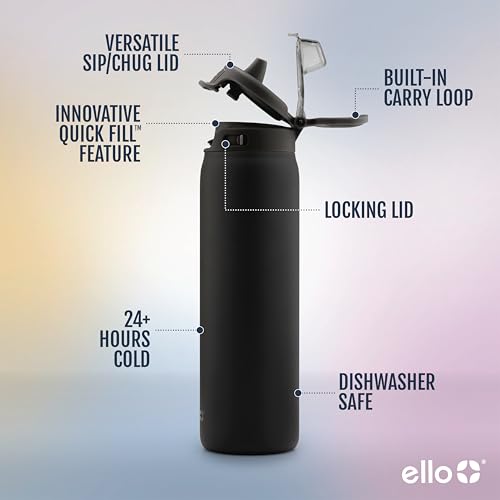 Ello Pop & Fill Insulated Stainless Steel Water Bottle with Quick Fill Lid, Leakproof Locking, Sip or Chug Spout, BPA-Free, Double Wall Vacuum Insulated for Sports, Travel & School- 22oz / 32oz / 40oz - color: Black, style: 32oz