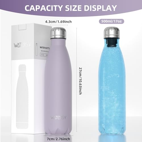 WATERSY Stainless Steel water bottles,17oz/500ml Insulated Water Bottles,Purple metal water bottle Keeps Drink Cold and Hot,BPA Free kids water bottles for School,Gym,Travel,Sports - color: Lilac