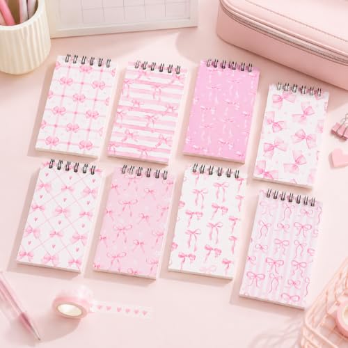 8 Pcs Mini Pink Bow Spiral Notebooks 3.9 x2.4 Inch, Cute Coquette White Pink Aesthetic Journal Lined Memo Pad with Different Bow Design, Preppy Top Spiral Notebook for Women Birthday Party Gifts Home - color: Pink Bow