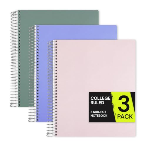 ONAVIA 3 Subject Spiral Notebook College Ruled 3 Pack, 300 Pages | 150 Sheets, 9 x 11 in, 6 Pack Waterproof Plastic Cover, Durable, School Notebooks, Homework, Test Prep - color: Green, Pink, Cornflower