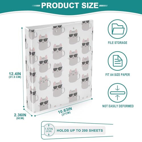 Fustylead Hand Draw Lovely Cat Wearing Sunglasses 3 Ring Binder, D-Rings 1.5" Hardcover Folder, Fits 200 Sheets of A4 Paper, Durable Clipboard & Clean View with Inside Pockets for School Home Office - size: 12.4x10.63x2.36 Inch-1 Pack