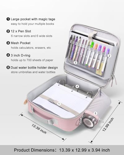 3 Inch 3-Ring Zipper Binder with Water Bottle Holder and Handle | D-Ring Zip Up Binder with Shoulder Strap, 700 Sheet Capacity, Compatible with 13" MacBook/Tablet, for School, Office, Pink - color: Pink