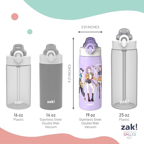 Zak Designs KPop Demon Hunters Sage 19oz Leak-Proof Straw Kids Water Bottle | BPA Free, Insulated Stainless Steel, Cupholder Friendly, Dishwasher Safe, Lid Lock, Handle, For School, Home, Travel - color: KPop Demon Hunters (Rumi, Mira, Zoey)
