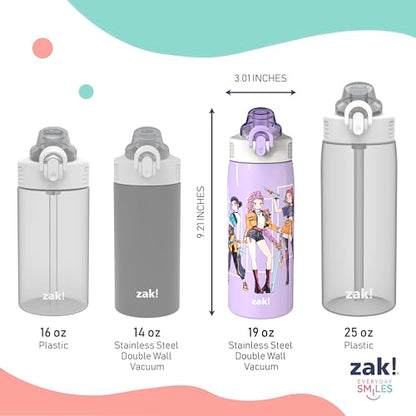 Zak Designs KPop Demon Hunters Sage 19oz Leak-Proof Straw Kids Water Bottle | BPA Free, Insulated Stainless Steel, Cupholder Friendly, Dishwasher Safe, Lid Lock, Handle, For School, Home, Travel - color: KPop Demon Hunters (Rumi, Mira, Zoey)