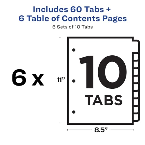 Avery® 10 Tab Dividers for 3 Ring Binders, Customizable Table of Contents, Multicolor Tabs, 6 Sets (11188) - size: 10 tabs