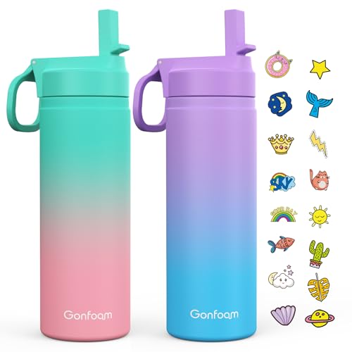 Gonfoam 20oz Kids Stainless Steel Insulated Water Bottle, 2 Pack | DIY Stickers, BPA-free, Leak-proof, Sturdy, Keeps Cold 24h, Easy to Carry, Easy to Clean, Back to School, Gifts - color: Purple+Green, size: 20 Ounces