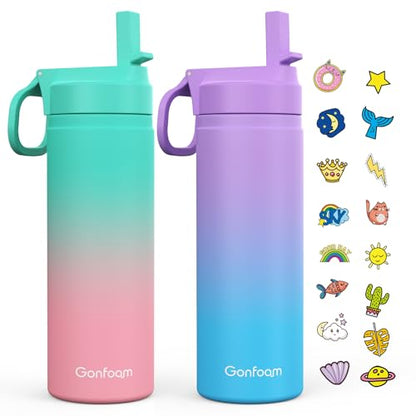 Gonfoam 20oz Kids Stainless Steel Insulated Water Bottle, 2 Pack | DIY Stickers, BPA-free, Leak-proof, Sturdy, Keeps Cold 24h, Easy to Carry, Easy to Clean, Back to School, Gifts - color: Purple+Green, size: 20 Ounces