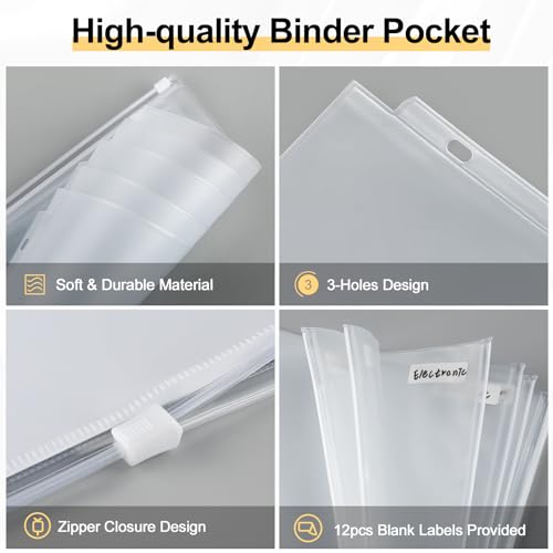 KTRIO 12 Pack Binder Pockets, 8.5 x 11 Zipper Pouches for 3 Ring Binders | Thickened PVC Document Folders, 3 Holes Pre-Punched Fits Standard Binder Letter-Size Paper Storage, Business Office Supplies - size: 12 Pack, style: White Zipper