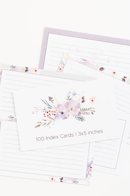 Floral Index Cards by Pure Print and Design | Floral Flash Cards Perfect For Study Sessions & Learning | 100 Cards of Premium Quality with 5 Different Designs | White, Purple and Gray | 3x5 inches - color: White, Purple and Gray