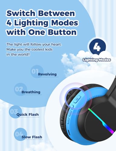 iClever BTH12 Kids Bluetooth Headphones,Colorful LED Lights,74/85dBA Safe Volume,85H Playtime,Bluetooth 5.2,Over Ear Wireless Headphone Built-in Mic for iPad/Tablet/Airplane, Deep Black - color: Black/Blue