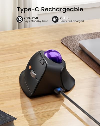 ProtoArc Vertical Wireless Trackball Mouse, EM05 NL Bluetooth Ergonomic Rollerball Mouse Rechargeable Computer Laptop Thumb Mice, 3 Device Connection, Compatible with iPad, Mac, Windows, PC-Purple - color: Purple