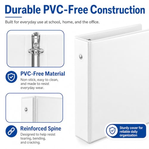 Durable 1 inch 3-Ring Binder, 1" Round Ring Binders with 2 Inside Pockets, Basic 1 in Binders, PVC- Free, Clear View Cover 1-inch-Binder Holds 8.5'' x 11''Paper for Office/School/Home（12 Pack, White - color: White, size: 1 inch, style: 12pack