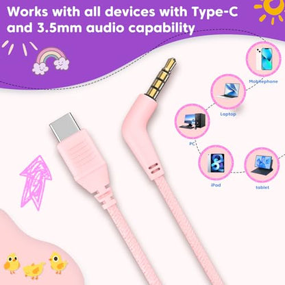 Kids Headphones with 3.5mm & USB C Headphones Kids for School, Over-Ear for Boys Girls, Foldable Headphone Built-in Mic, Safe Volume for iPad/Travel/Tablets/Classroom, Back to School gift(Pink) - color: Pink