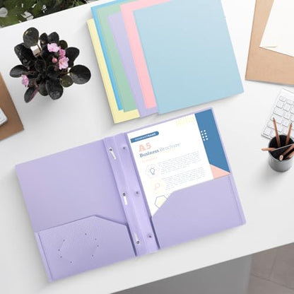 24-Pack Plastic andPockets and Prongs,2-Pocket and3 Fasteners, Pastel Folders Holds 8-1/2" x 11" Paper for School/Office/Home, Purple - color: Light Purple, size: 24-Pack