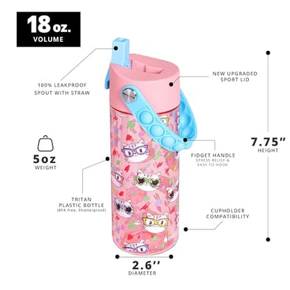 Elemental Leak Proof Water Bottles for Kids - Splash Kids Water Bottle for School with Pop-it Handle - Tritan Plastic Water Bottle with Straw - Stylish Cat & Spring Blossom - 18oz (2 Pack) - color: Duo - Stylish Cat / Spring Blossom