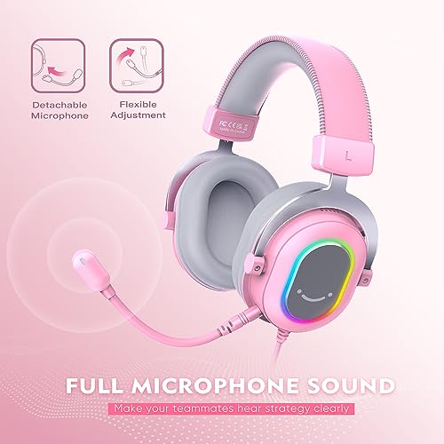 FIFINE PC Gaming Headset, USB Wired Headset with Microphone, 7.1 Surround Sound, in-Line Control, Computer RGB Over-Ear Headphones for PS4/PS5, for Streaming/Game Voice/Video-AmpliGame H6 (Pink) - color: Pink