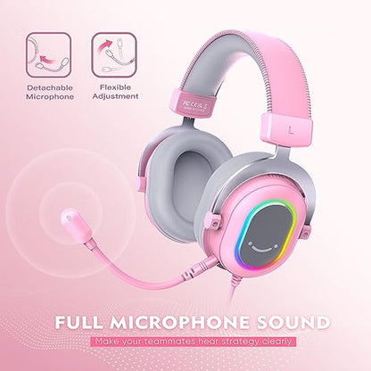 FIFINE PC Gaming Headset, USB Wired Headset with Microphone, 7.1 Surround Sound, in-Line Control, Computer RGB Over-Ear Headphones for PS4/PS5, for Streaming/Game Voice/Video-AmpliGame H6 (Pink) - color: Pink