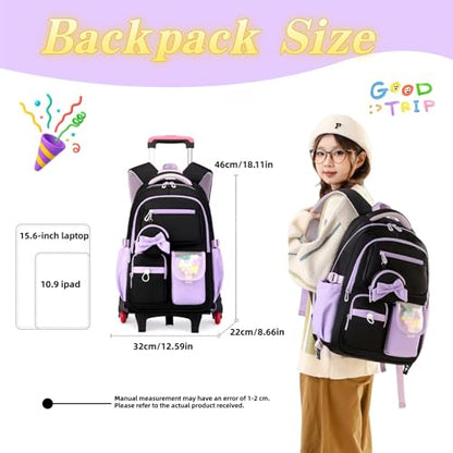 Rolling Backpack for Girls Kids Backpack with Wheels Cute Girls Trolley Bags Rolling School Bag for Elementary Middle - color: Black+purple 6 Wheels