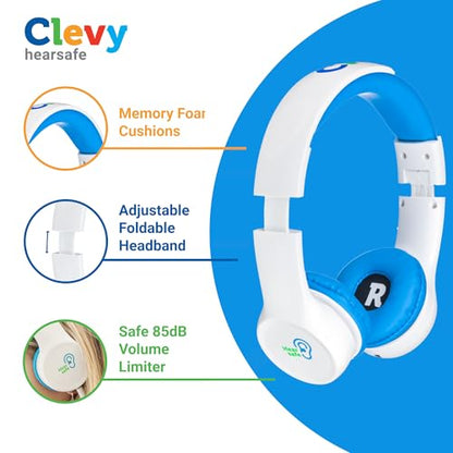 Clevy Kids Headphones Over-Ear 3.5mm Jack Wired - 5ft Tangle-Free Cord with HD Mic, 85dB Volume Limited for iPad/Computer, Foldable Durable Carrying Case