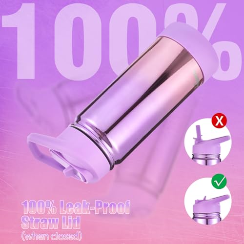 Mininoo Kids Water Bottle, Girls Water Bottles for School, 16oz Metal Water Bottle Kids with Straw Lid - color: 16oz Specular Purple/Pink, size: 16 Ounces