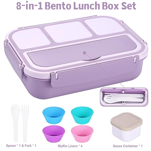 Bento Box Adult Lunch Box, Lunch Containers for Kids Girls Boys with 4 Compartments, Lunchable Food Container with Utensils, Sauce Jar, Muffin Liners, 40 Oz/5 Cup, Microwave Safe, Lavender - color: Lavender