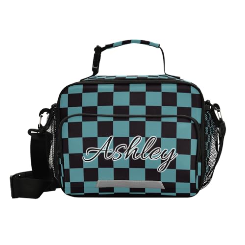 Custom Student Lunch Bag for Boys Girls Teal Black Checkered Personalized Lunch Box With Name Insulated Cooler Bag for School Picnic Travel - color: Multi03