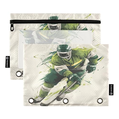 Pencil Pouch for 3 Ring Binder Green Sport Ice Hockey Player Binder Pencil Case with Clear Window Zipper Cosmetic Bags 2 Pack for School Office College Supplies - color: Ice Hockey Player