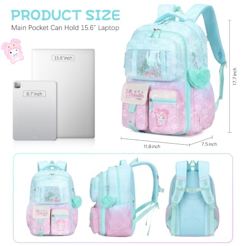 Jafeton Backpacks for Girls, Girls Backpack with Insulated Lunch Bag and Pencil Case for Kids Teens Elementary Middle High School Student, Cute Bow School Bag Travel Daypacks Book Bag Set - color: Pink Green