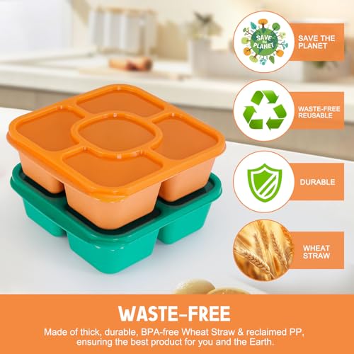 Original Lunchable Snack Containers - 5 Compartments Bento Snack Boxes with 1 Leakproof Small Containers, Wheat Straw, BPA-Free, Set of 2 (Cyan+Orange) - color: Cyan+Orange