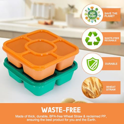 Original Lunchable Snack Containers - 5 Compartments Bento Snack Boxes with 1 Leakproof Small Containers, Wheat Straw, BPA-Free, Set of 2 (Cyan+Orange) - color: Cyan+Orange