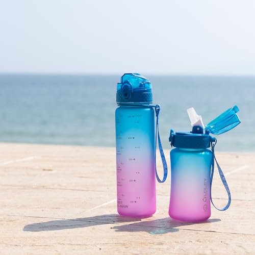 OLDLEY Kids Water Bottle for School, 12 oz (2 lids) BPA-Free Reusable Leak-proof Durable Tritan Plastic Water Bottles with Straw & Chug Lids, Anti-dust Spout Cover (Lake) - color: Lake, size: 12 Ounces
