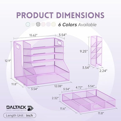 5-Tier Desk Organizer with File Holder & Pen Holder & Drawer, Purple | Mesh Metal Paper Letter Tray for Papers, Mail, Office Supplies, and Desk Accessories - color: Purple