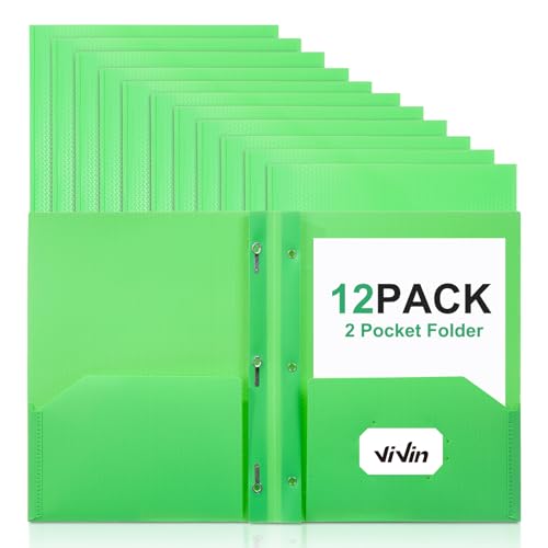 ViVin Sturdy Plastic Folder with Pockets,12 Pack,Heavy Duty Two Pocket 3 Prong Folders,Holds Letter Size Paper,File Folders with Business Card Slot for School Home and Office(Green) - color: Green, size: 12 PACK