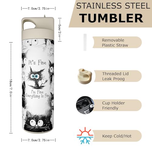 Cute Cat Loves 20oz Tumbler with Straw and Lid Gift for Boys Girls Water Bottle Travel Kettle Cup for Car Cold and Hot Stainless Steel Double Wall Insulated Student Mug (white) - color: White