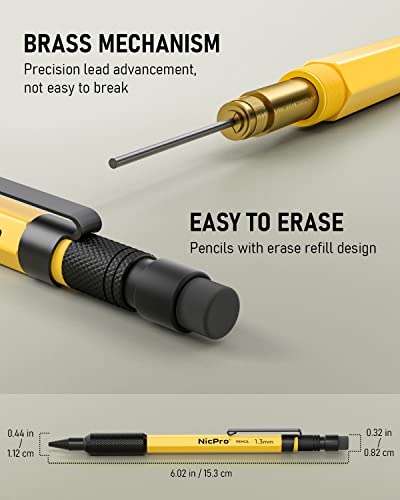 Nicpro 3 PCS 1.3 mm Mechanical Pencil Set with 48 Lead Refills, 3 Eraser - Weatherproof Metal Barrel, Heavy Duty Carpenter Pencil MP2000 for Outdoor Marking Drafting Drawing Woodworking - with Case - style: 3 Pack (Yellow)