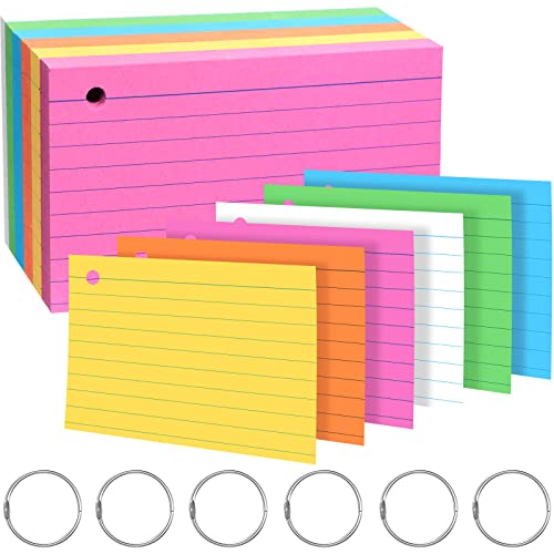 Leelosp 300 Pcs Colored Ruled Index Cards with 6 Rings 180 Gsm Thick Neon Color Study Flash Cards Single Hole Punched Lined Flashcards Studying Notecards One Side for Study(3 x 5 in,Fresh Color) - color: Fresh Color, size: 3 x 5 In